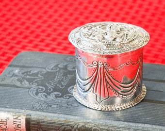Antique English Sterling Silver Box - 1880 Stuart Clifford London England - Cylinder Shaped Box - The Bokin Fold Archers