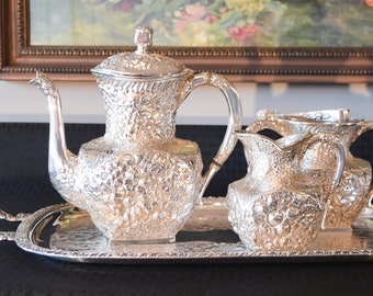 Antique Barbour Bros Quadruple Plate Tea Set - Silver Plate Serving Tray - Silver Plate Sugar Tongs - 5 Piece Tea Service