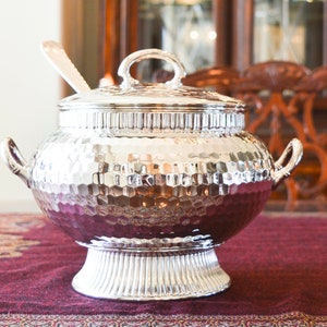 Wilcox Silver Plate Tureen - Wilcox Quadruple Plate - Hammered Silver Plate Covered Serving Dish - Soup Ladle - Antique Silver Plate