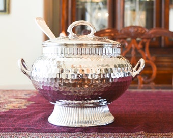 Wilcox Silver Plate Tureen - Wilcox Quadruple Plate - Hammered Silver Plate Covered Serving Dish - Soup Ladle - Antique Silver Plate