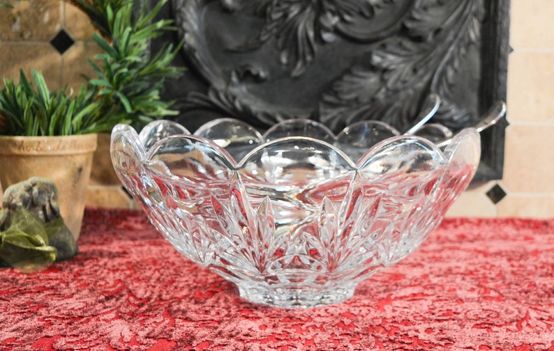 Large Crystal Serving Bowl Scalloped Edge Bowl Pedestal Etsy