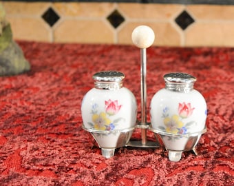 Rosenthal German Salt and Pepper Shakers - Hermann Bauer 835 Silver - Shakers with Silver Holder - Hand Painted Pair of Shaker