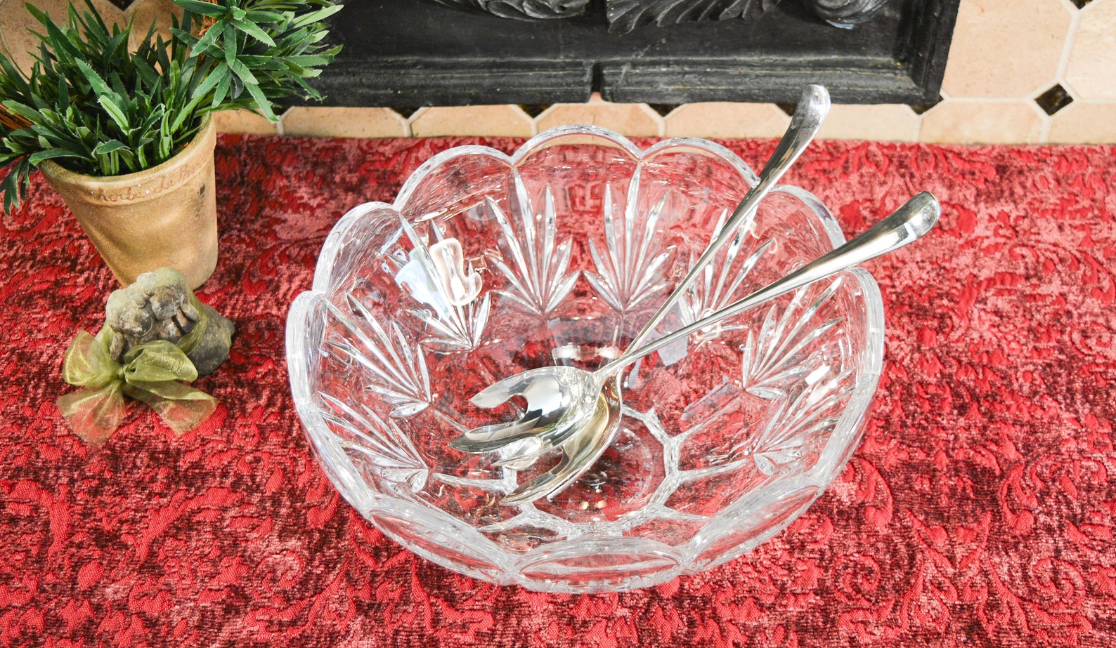 Large Crystal Serving Bowl Scalloped Edge Bowl Pedestal Etsy