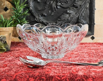 Large Crystal Serving Bowl - Scalloped Edge Bowl - Pedestal Base Crystal Bowl - Salad Bowl - Trifle Bowl - Silver Plate Serving Set