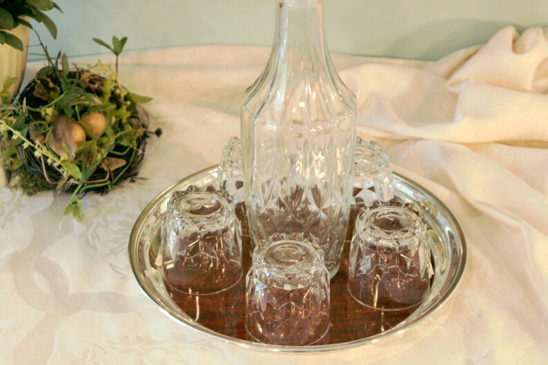 Vintage Decanter Set Round Bar Tray 7 Piece Bar Set Etsy