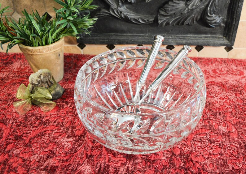 Large Crystal Serving Bowl Silver Plate Salad Serving Set Etsy