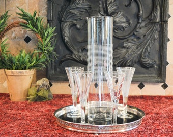 Vintage Cocktail Set - Crescent Silver Plate &  Formica Gallery Tray - Mikasa Cheers Glasses - Wheel Cut Crystal Cocktail Pitcher - 6 Pc Set