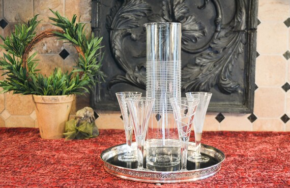 Vintage Cocktail Set - Crescent Silver Plate &  Formica Gallery Tray - Mikasa Cheers Glasses - Wheel Cut Crystal Cocktail Pitcher - 6 Pc Set