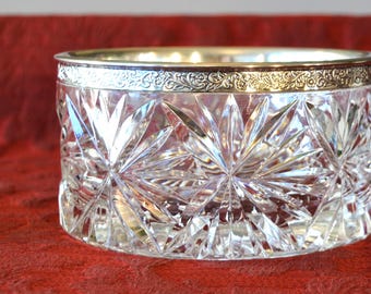 Vintage Lead Crystal Bowl with Decorative Silver Rim - Flat Bottom Cut Crystal Decorative Bowl - Ornate Floral and Leaf Pattern Silver