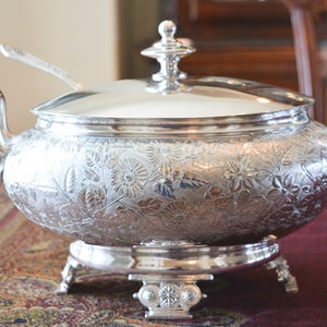 Antique Meriden Quadruple Plate Tureen -  Aesthetic Period Silver Plate - Soup Tureen - Notched Lid - Spoup Ladle - 19th Century Silver