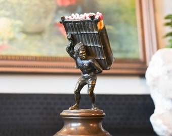 Vintage Bronze Figural Matchstick Holder Striker - Pedestal Base Figural Blackman with Bamboo Raft - Figural Bronze Figure of Man