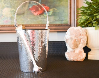 Hammered Silver Plate Ice Bucket - Matching Hammered Silver Ice Tongs - Apollo Bernard Rice & Sons Silver Plate Barware - Art Deco Silver