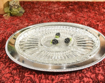 Oval Silver Plate Serving Tray with Divided Crystal Insert - Crescent Silver Serving Tray - Crystal Divided Serving Tray - Two Piece Set