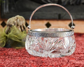 Vintage Cut Crystal and Silver Basket - Latvia 875 Silver Handle Crystal Basket - Cut Lead Crystal Basket Solid Silver Handle and Rim