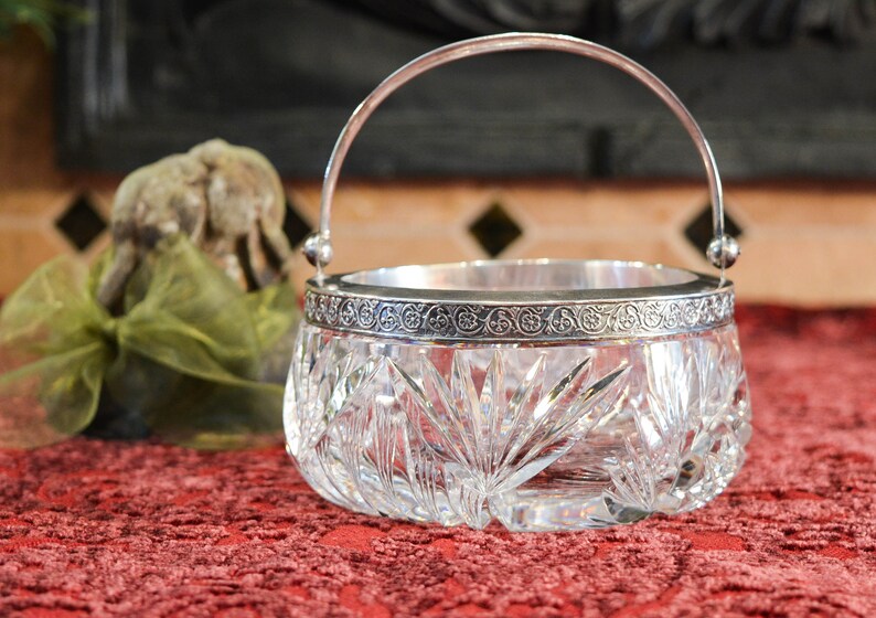 Vintage Cut Crystal and Silver Basket - Latvia 875 Silver Handle Crystal Ba...