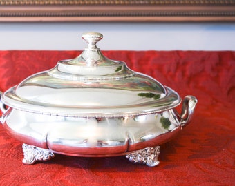 Antique Forbes Quadruple Plate Covered Serving Dish - Enamel Baking Dish Liner - Covered Silver Plate Serving Dish - Entree Serving Dish