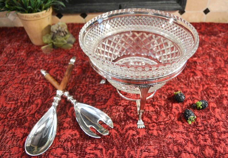 Glass and Silver Serving Set Wexford Salad Bowl Silver Plate and Wood Serving Spoon /& Fork Set Silver Plate Chafing Stand