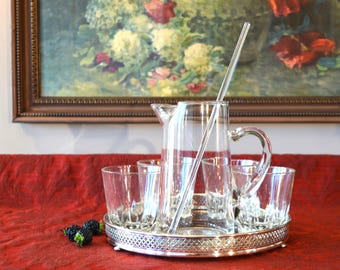 7 Piece Cocktail Set - Blown Glass Cocktail Pitcher - Round Silver Plate Gallery with Tray Wood Formica - 4 Lowball Glasses - Stir Stick