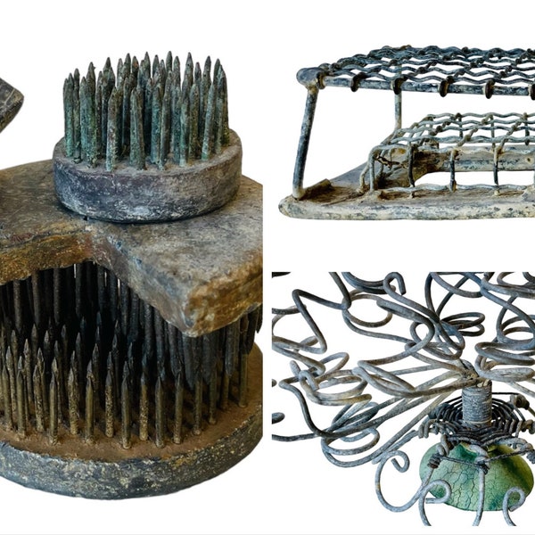 Collection of Vintage Metal Flower Frogs, Cage Frog, Weathered, Photo Display,