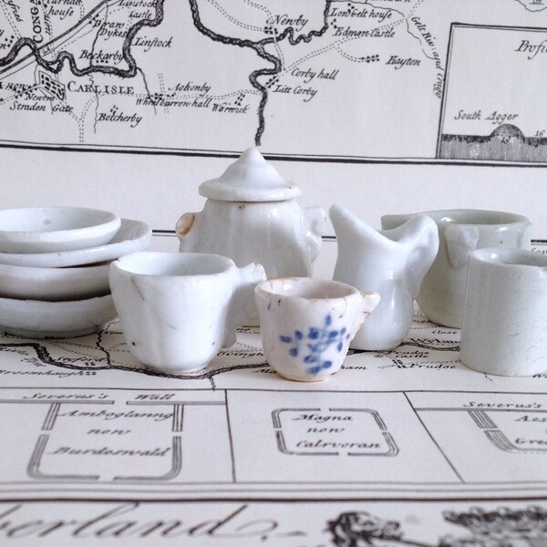 Antique Miniature China Tea Set, Plates, 1800s Dollhouse Tea Party Pieces, Porcelain, Objects for Assemblage, Antique China Doll Dishes