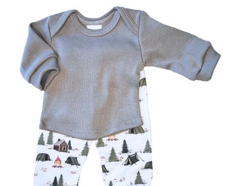Preemie-Yums Flannel Camping Print Pant and Grey Knit Shirt