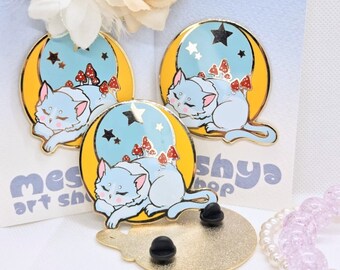 Emaille pin kawaii paddenstoel kat op maan