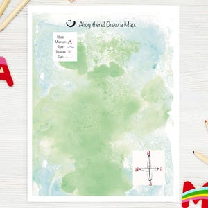 May include: A watercolour map with green and blue tones, featuring the text "Ahoy there! Draw a Map." Includes a compass rose, map key, and wooden pencils. Colourful wooden letters and shapes are scattered around the map.