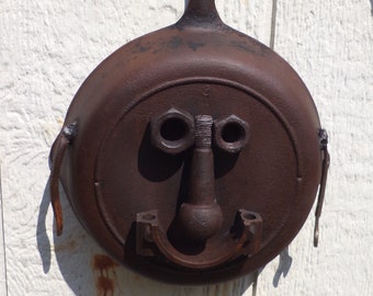 Cast Iron Skillet Face Recycled Metal Wall Hanging Garden Art