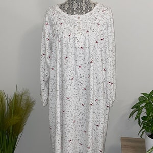 Charter Club White Red Cardinal Bird Floral 100 Cotton Heavy Thick Knit Nightgown Crochet Lace Lattice Accents Long Sleeves 3X