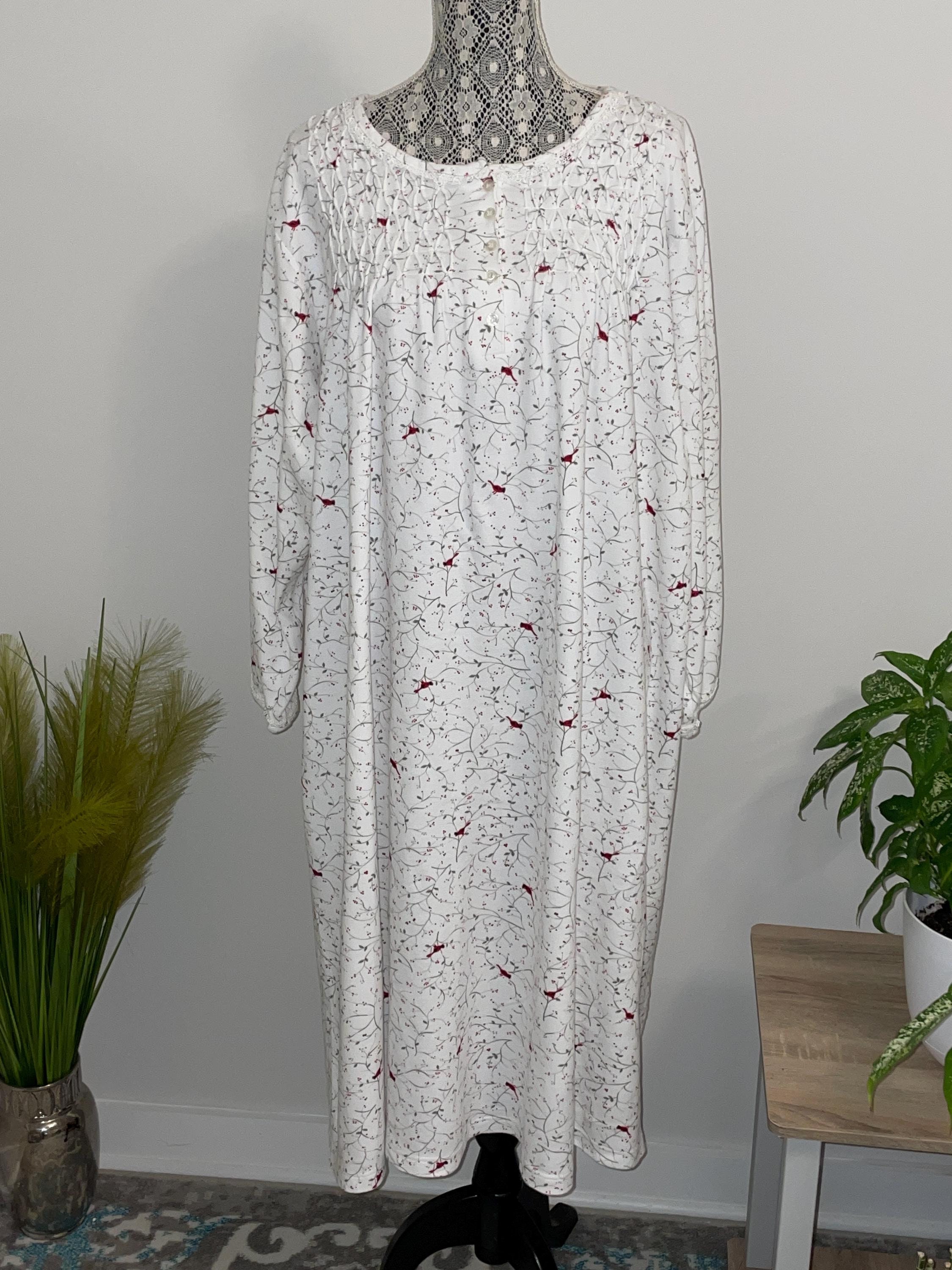 Charter Club White Red Cardinal Bird Floral 100 Cotton Heavy Thick Knit Nightgown Crochet Lace Lattice Accents Long Sleeves 3X
