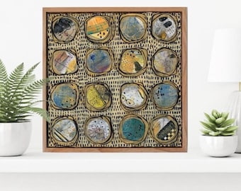 Collage Art -WONKY CIRCLES Collage Acrylic Framed 12x12