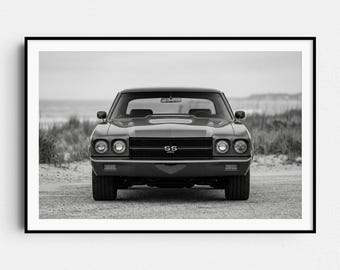 Stampa frontale in bianco e nero della Chevrolet Chevelle SS 454 d'epoca - Download digitale