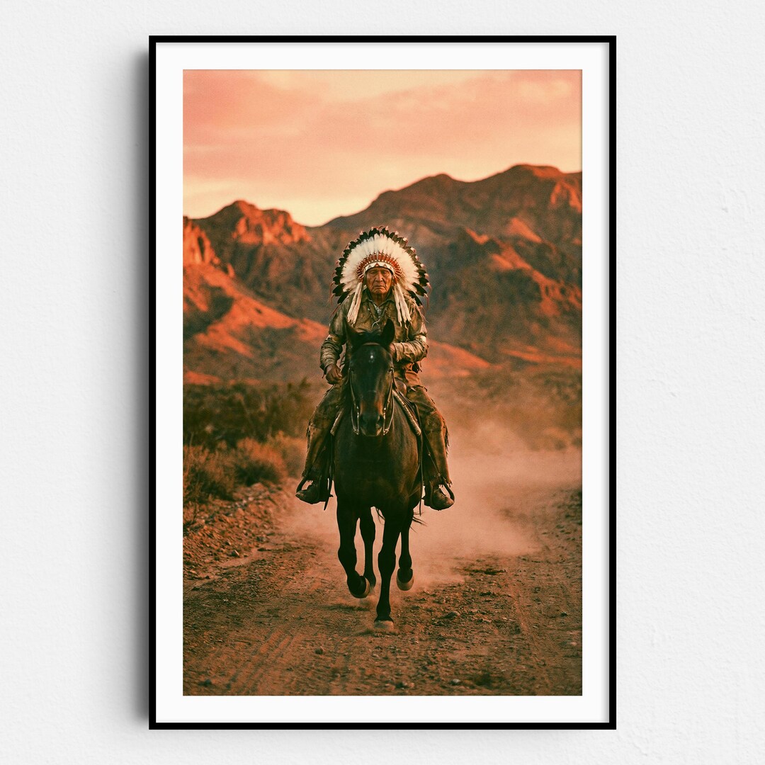 Vintage Western Native American Chief Riding a Horse at Sunset Print ...
