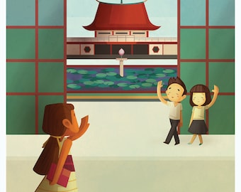 Amina Visits the Chinese Temple, Art Print, Wall Art, Kid's Room Art