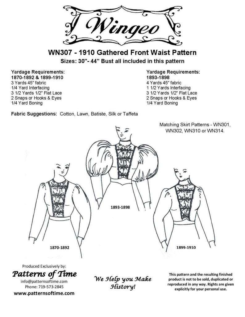 Plus Size Edwardian Clothing 1900 1910s WN307 - 1870s - 1910 Gathered Front Waist Sewing Pattern by Wingeo AT vintagedancer.com