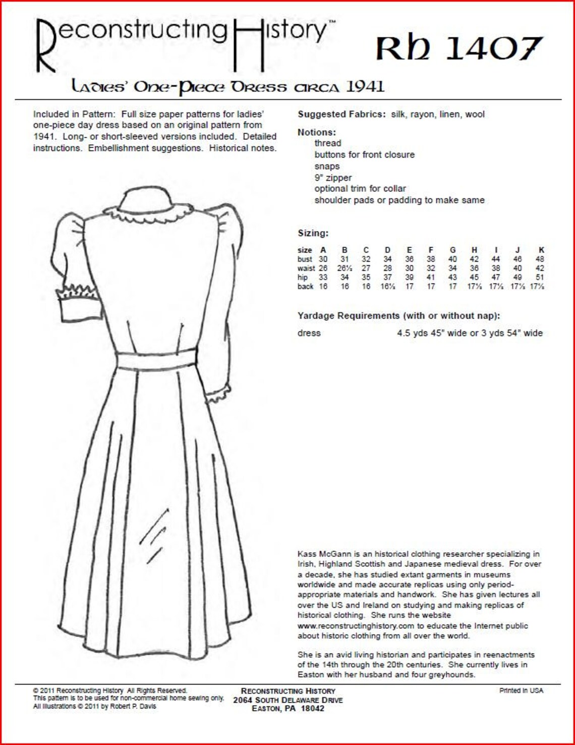 RC1407 1941 Ladies' Onepiece Dress Sewing Pattern by Etsy