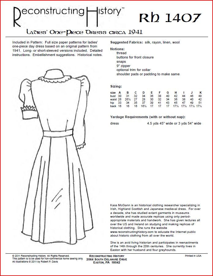 RC1407 1941 Ladies' One-piece Dress Sewing Pattern by - Etsy