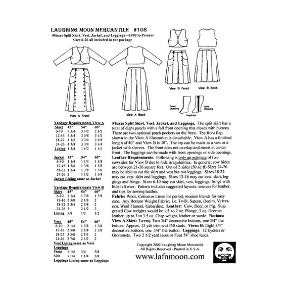 Sewing Pattern Cowgirl Split Skirt Jacket Vest Legging Laughing Moon 108 Western