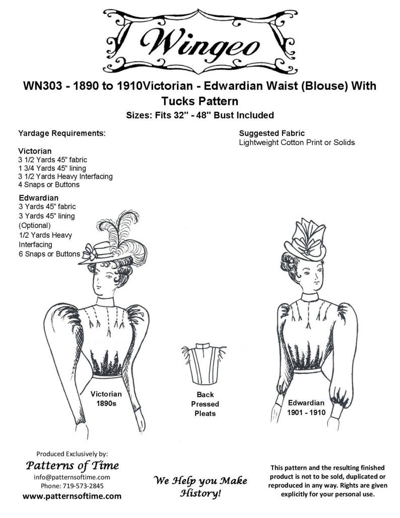 1890s to 1900 Victorian Edwardian Sewing Patterns     WN303 -  Victorian/Edwardian Waist (Blouse) with Tucks Sewing Pattern by Wingeo  AT vintagedancer.com