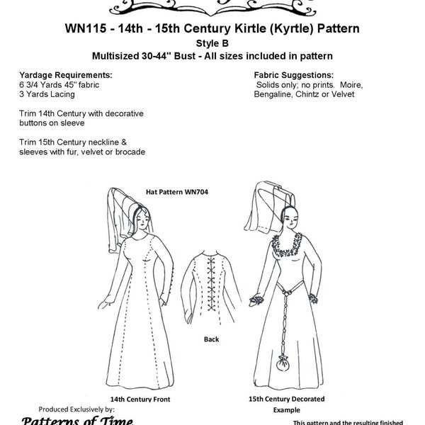 WN115 - Medieval Kirtle (Kyrtle) Sewing Pattern by Wingeo
