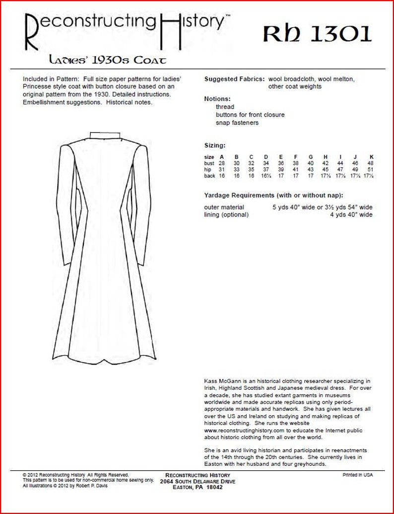 RC1301 1930s Ladies Overcoat Sewing Pattern by Etsy