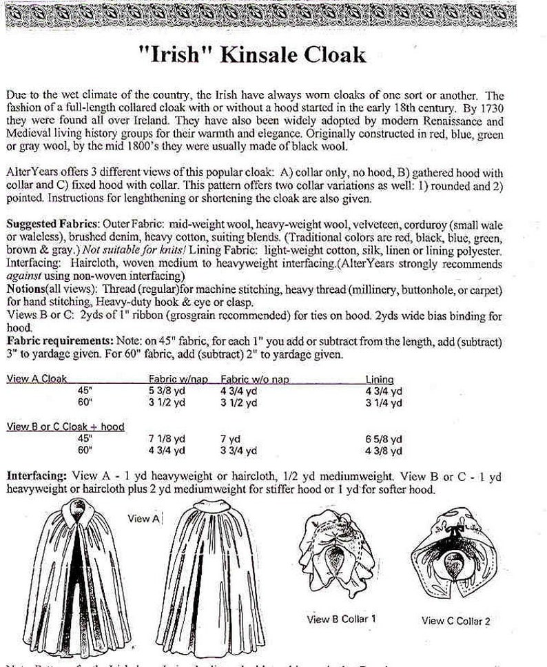 AY16 Irish Kinsale Cloak Sewing Pattern by Alter Years Etsy