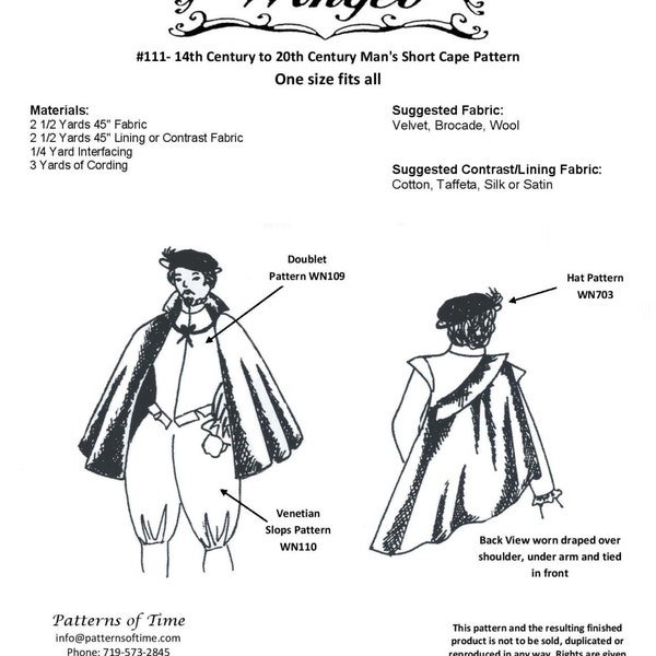 WN111 - 14th to 20th C. Mens Short Cape Sewing Pattern by Wingeo