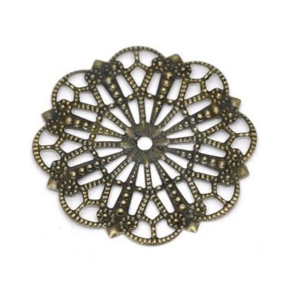 ABE019 - Vintage Victorian Styled Steampunk Filigree Round Scallop Embellishment in Antique Bronze/Brass Finish