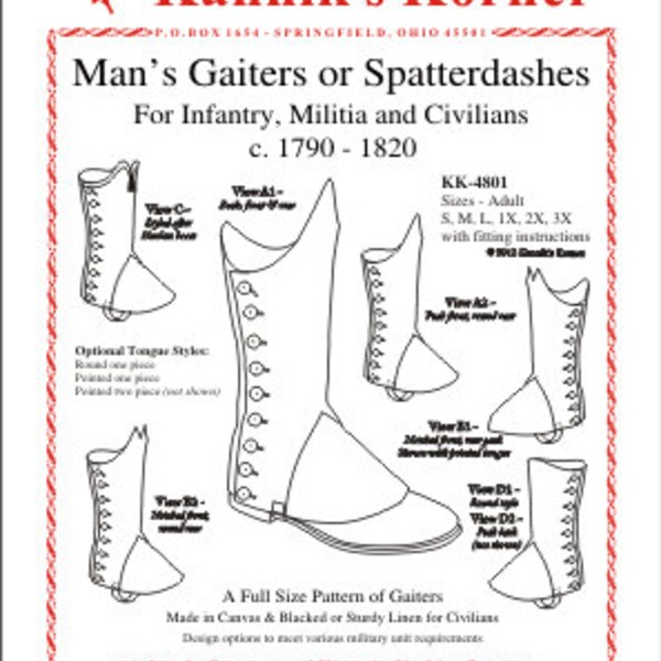 KK4801 - 1790 - 1820 Man's Gaiters or Spatterdashes For Infantry, Militia and Civilians Sewing Pattern by Kannik's Korner