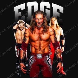 May include: A wrestler wearing red and black wrestling trunks with the word "EDGE" in large white letters above him. The wrestler has a muscular physique and is posing with his arms raised.