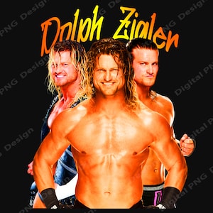 May include: A wrestler with a muscular physique and blonde hair poses with two other wrestlers. The wrestler in the centre is wearing black wrestling trunks and has the name "Dolph Zigler" written in orange and yellow letters above him.