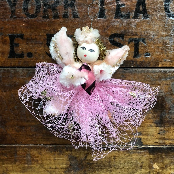 Christmas Tulle & Pipe Cleaner Pink Angel Ornament ~ Vintage ~ Holds a Songbook/Gold Glitter Accents