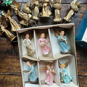14 Angel Musicians, Art Plastics Hong Kong ~ Vintage ~ 8 Gold, 6 Hand Painted in Box, Ornaments, Floral Picks
