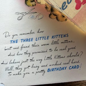 Tarjeta de felicitación de cumpleaños infantil para niños de 6 años, sin usar ~ Greetings Inc., c. 1948 ~ Vintage ~ Tres gatitos, desplegable imagen 3